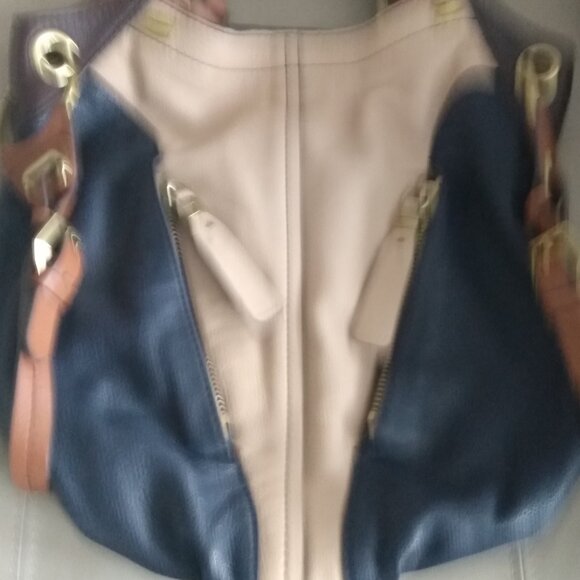 Or YANY BLUE/TAN LEATHER COLOR BLOCK WOMEN'S HOBO CROSSBODY BAG - Picture 7 of 9